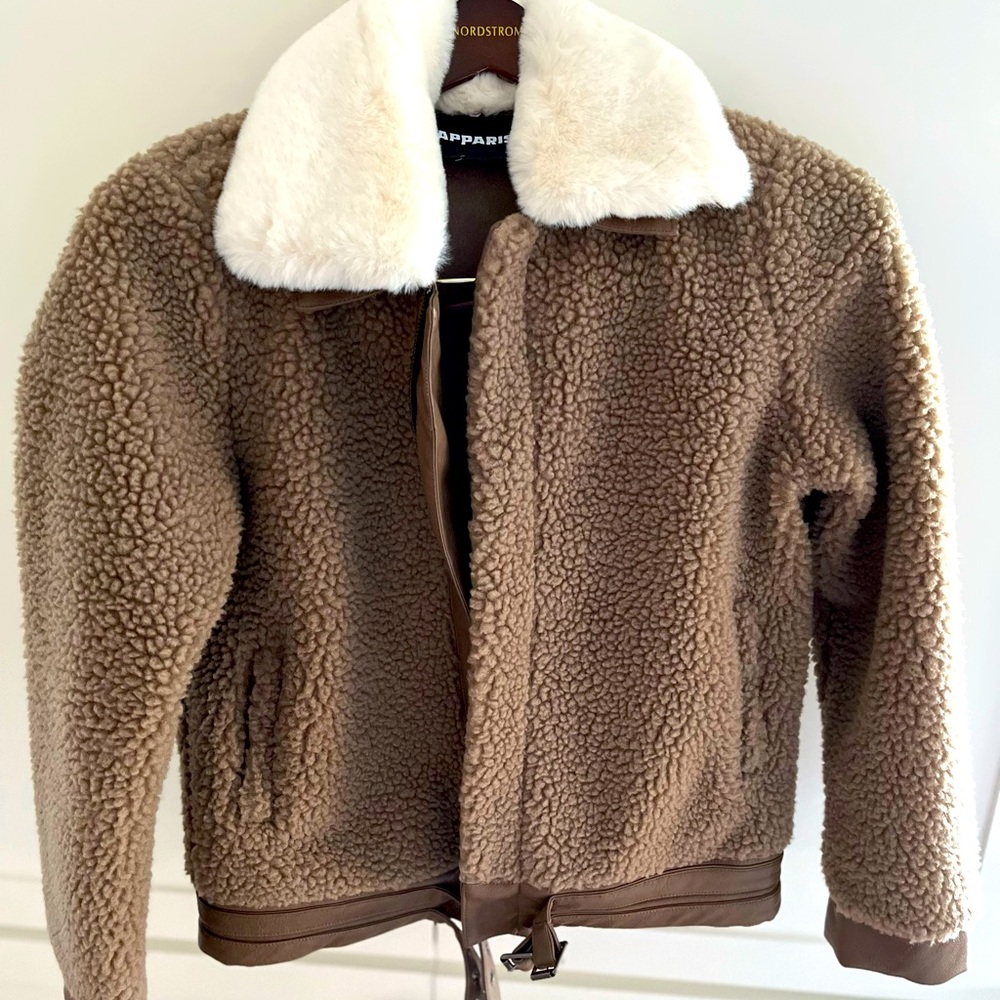 Teddy Bear Fleece Sherpa Jacket with Leather Trim